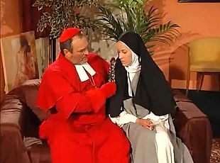 Dirty nun takes facial after her pussy and asshole fucking.