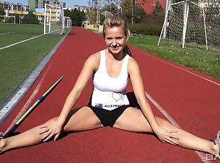 Sporty track and field babe takes a bathroom break to masturbate